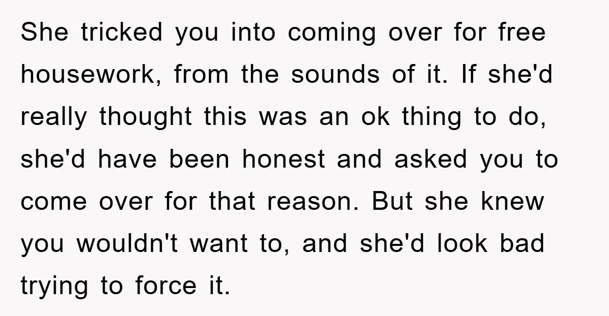 She tricked you into coming over for free housework, from the sounds of it. If she'd really thought this was an ok thing to do, she'd have been honest and...