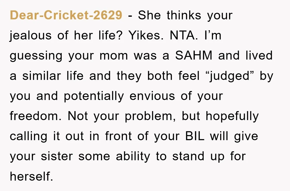 Dear-Cricket-2629 - She thinks your jealous of her life? Yikes. NTA. I’m guessing your mom was a SAHM and lived a similar life and they both feel “judged” by you...