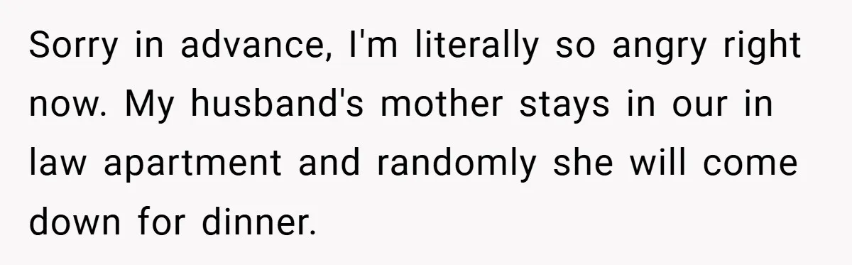 Sorry in advance, I'm literally so angry right now. My husband's mother stays in our in law apartment and randomly she will come down for dinner.