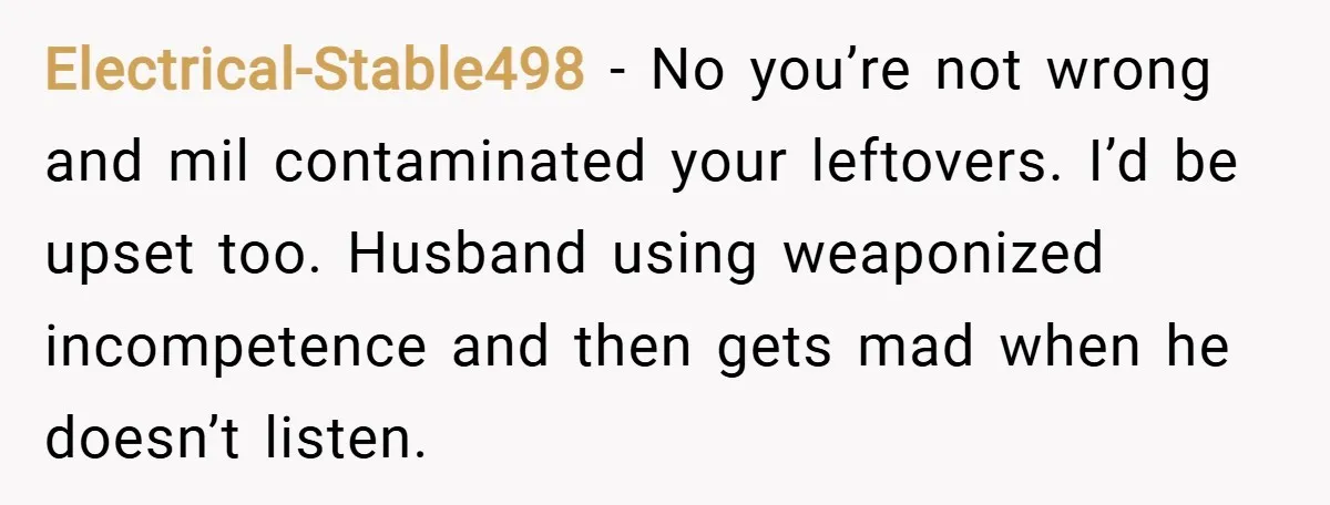 Electrical-Stable498 − No you’re not wrong and mil contaminated your leftovers. I’d be upset too. Husband using weaponized incompetence and then gets mad when he doesn’t listen.