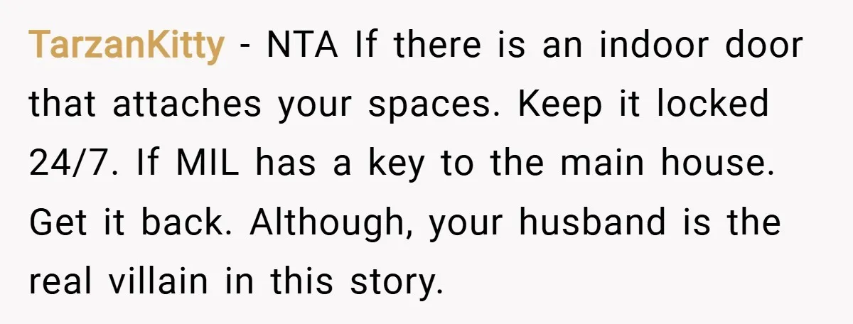 TarzanKitty − NTA If there is an indoor door that attaches your spaces. Keep it locked 24/7. If MIL has a key to the main house. Get it back. Although,...