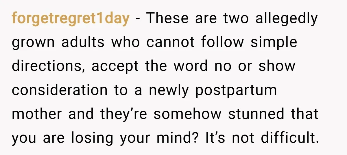 forgetregret1day − These are two allegedly grown adults who cannot follow simple directions, accept the word no or show consideration to a newly postpartum mother and they’re somehow stunned that...