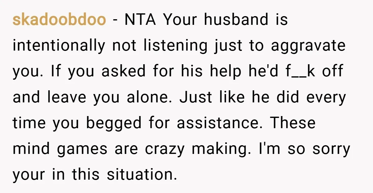 skadoobdoo − NTA Your husband is intentionally not listening just to aggravate you. If you asked for his help he'd f__k off and leave you alone. Just like he did...