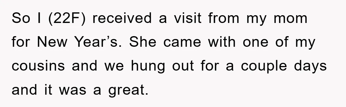 So I (22F) received a visit from my mom for New Year’s. She came with one of my cousins and we hung out for a couple days and it was...