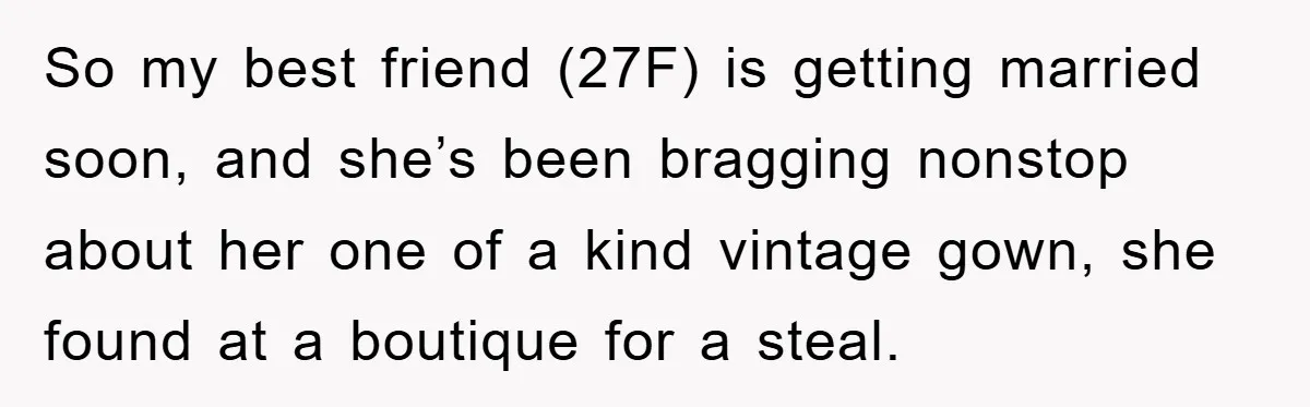 So my best friend (27F) is getting married soon, and she’s been bragging nonstop about her one of a kind vintage gown, she found at a boutique for a steal.