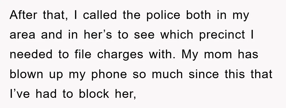 After that, I called the police both in my area and in her’s to see which precinct I needed to file charges with. My mom has blown up my phone...