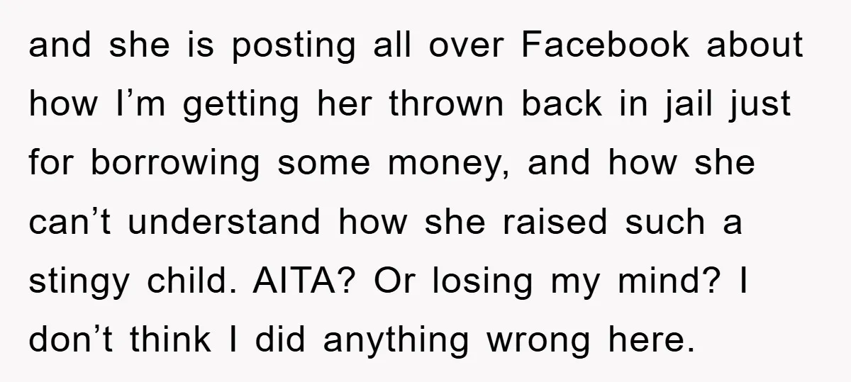 and she is posting all over Facebook about how I’m getting her thrown back in jail just for borrowing some money, and how she can’t understand how she raised such...