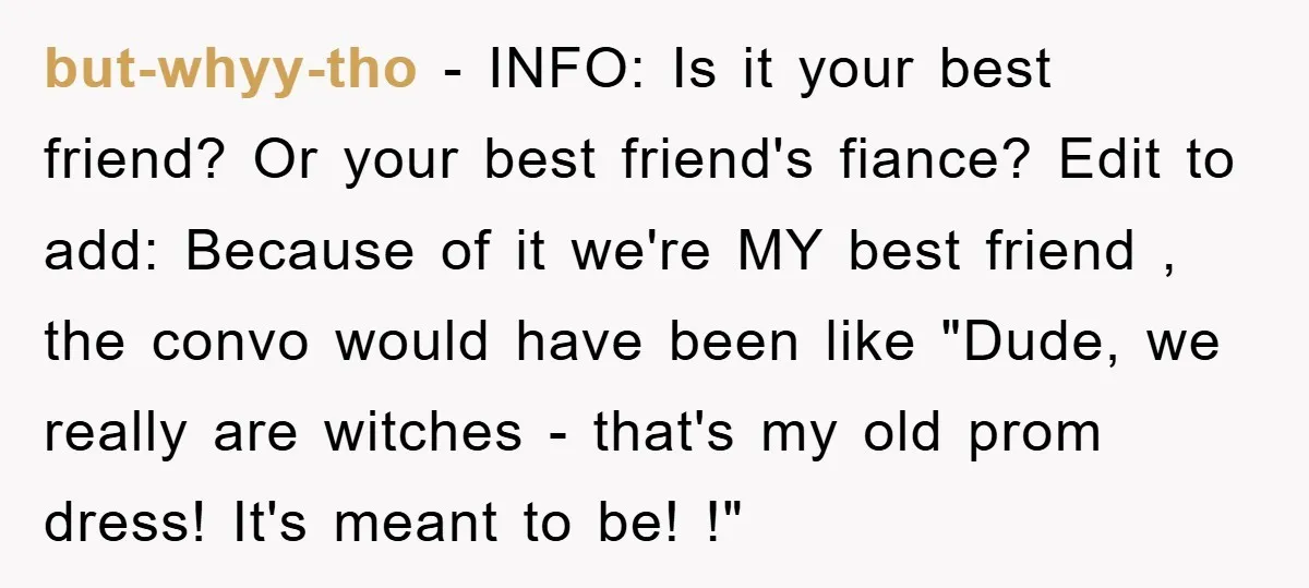 but-whyy-tho - INFO: Is it your best friend? Or your best friend's fiance? Edit to add: Because of it we're MY best friend , the convo would have been like...