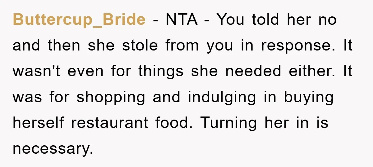 Buttercup_Bride − NTA - You told her no and then she stole from you in response. It wasn't even for things she needed either. It was for shopping and indulging...