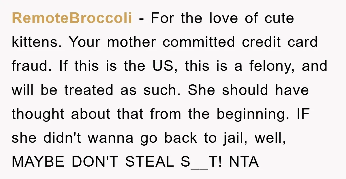 RemoteBroccoli − For the love of cute kittens. Your mother committed credit card fraud. If this is the US, this is a felony, and will be treated as such. She...
