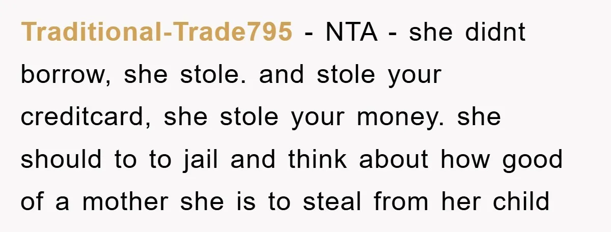 Traditional-Trade795 − NTA - she didnt borrow, she stole. and stole your creditcard, she stole your money. she should to to jail and think about how good of a mother...