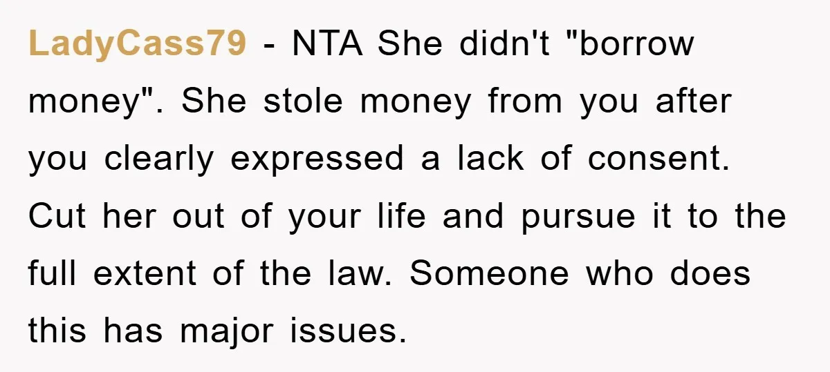 LadyCass79 − NTA She didn't "borrow money". She stole money from you after you clearly expressed a lack of consent. Cut her out of your life and pursue it to...
