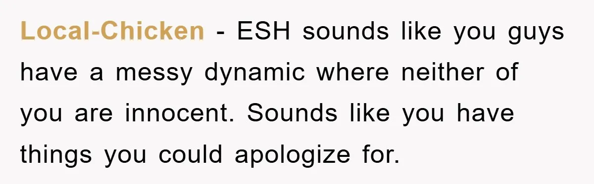 Local-Chicken - ESH sounds like you guys have a messy dynamic where neither of you are innocent. Sounds like you have things you could apologize for.