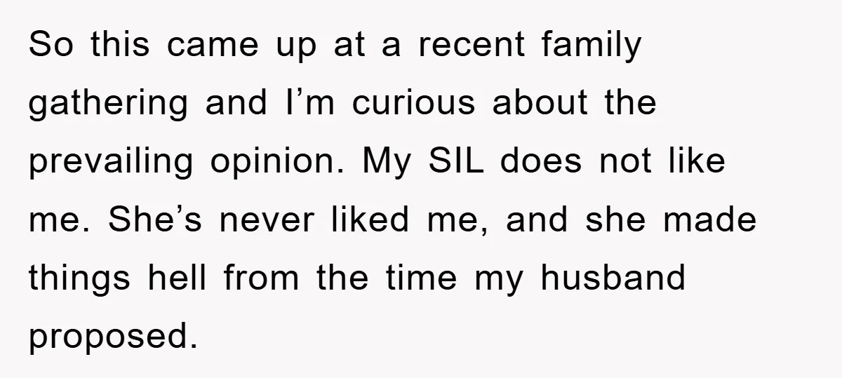 So this came up at a recent family gathering and I’m curious about the prevailing opinion. My SIL does not like me. She’s never liked me, and she made things...