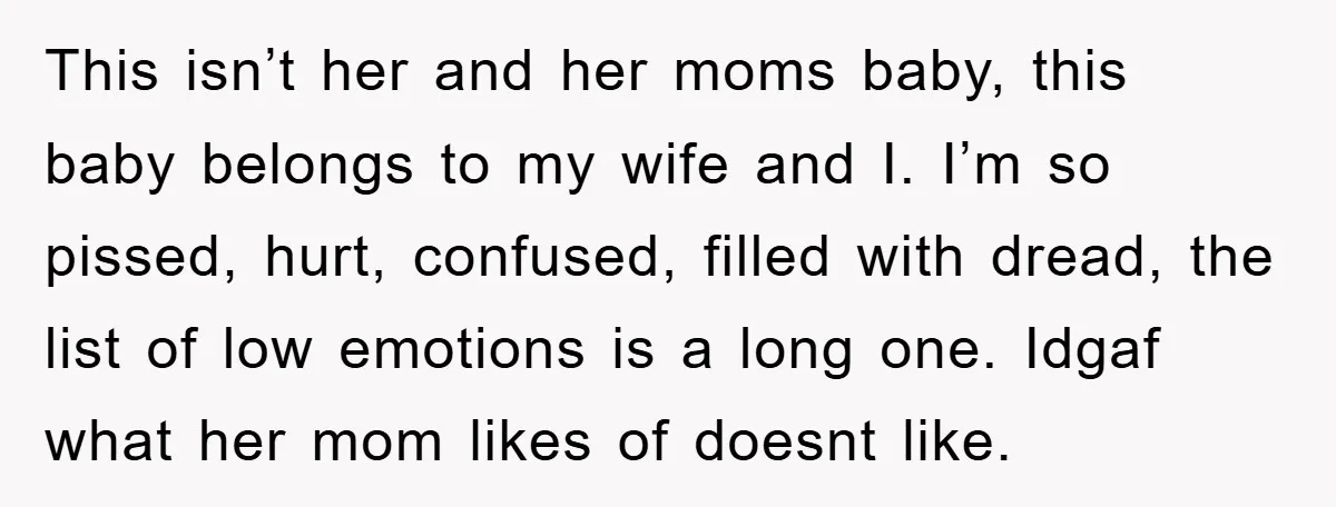 This isn’t her and her moms baby, this baby belongs to my wife and I. I’m so pissed, hurt, confused, filled with dread, the list of low emotions is a...