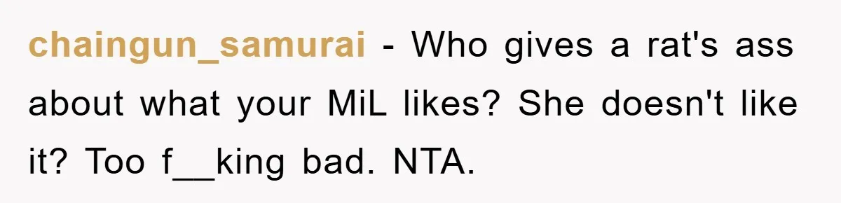 chaingun_samurai − Who gives a rat's ass about what your MiL likes? She doesn't like it? Too f__king bad. NTA.