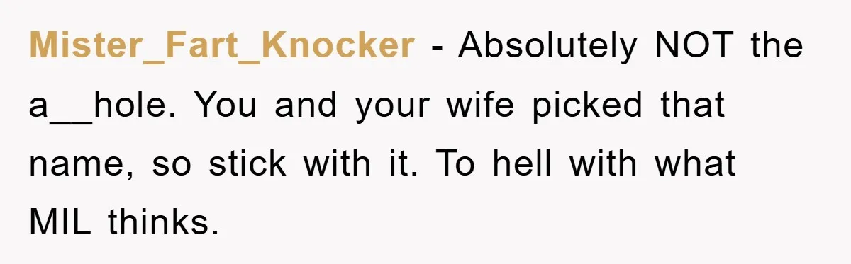 Mister_Fart_Knocker − Absolutely NOT the a__hole. You and your wife picked that name, so stick with it. To hell with what MIL thinks.