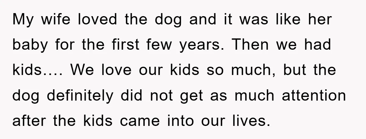 My wife loved the dog and it was like her baby for the first few years. Then we had kids…. We love our kids so much, but the dog definitely...