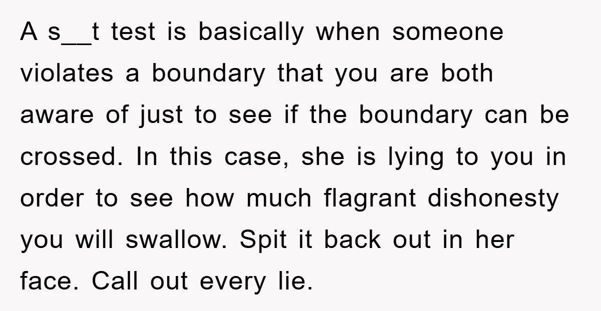 A s__t test is basically when someone violates a boundary that you are both aware of just to see if the boundary can be crossed. In this case, she is...