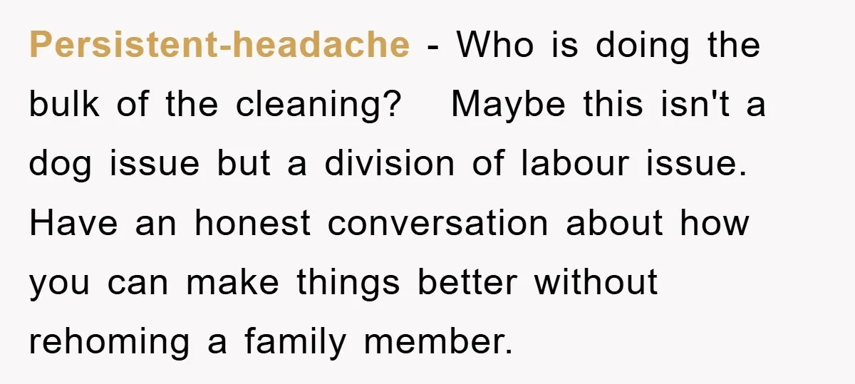 Persistent-headache − Who is doing the bulk of the cleaning? Maybe this isn't a dog issue but a division of labour issue. Have an honest conversation about how you can...