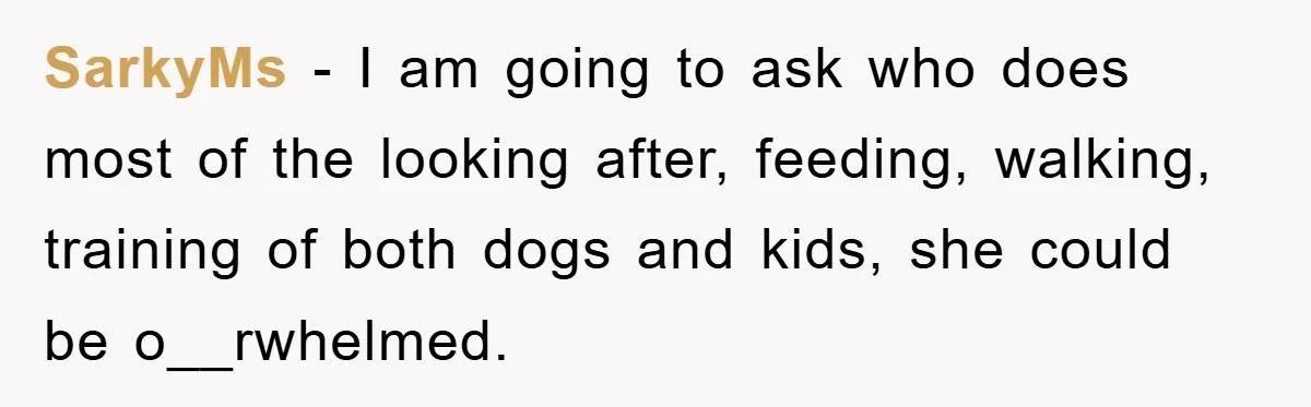 SarkyMs − I am going to ask who does most of the looking after, feeding, walking, training of both dogs and kids, she could be o__rwhelmed.