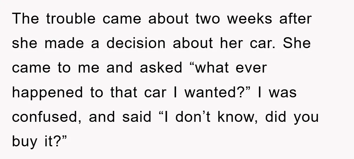 The trouble came about two weeks after she made a decision about her car. She came to me and asked “what ever happened to that car I wanted?” I was...