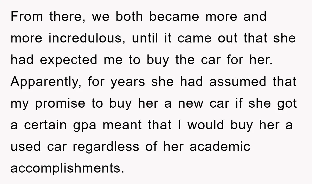 From there, we both became more and more incredulous, until it came out that she had expected me to buy the car for her. Apparently, for years she had assumed...