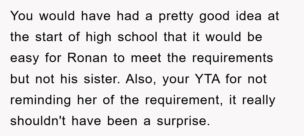 You would have had a pretty good idea at the start of high school that it would be easy for Ronan to meet the requirements but not his sister. Also,...