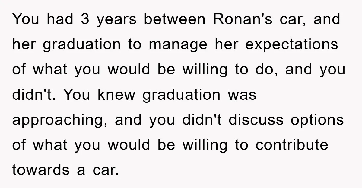 You had 3 years between Ronan's car, and her graduation to manage her expectations of what you would be willing to do, and you didn't. You knew graduation was approaching,...