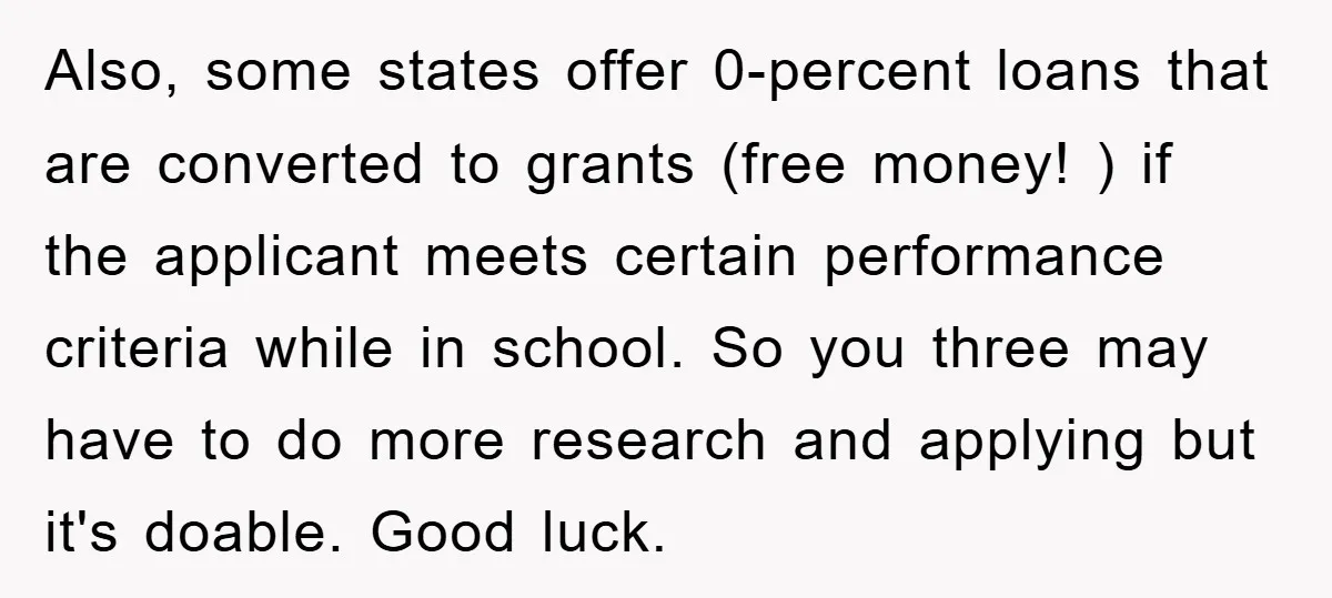 Also, some states offer 0-percent loans that are converted to grants (free money! ) if the applicant meets certain performance criteria while in school. So you three may have to...