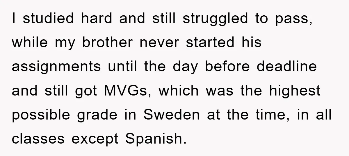 I studied hard and still struggled to pass, while my brother never started his assignments until the day before deadline and still got MVGs, which was the highest possible grade...