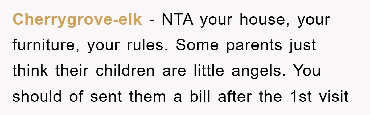 Cherrygrove-elk − NTA your house, your furniture, your rules. Some parents just think their children are little angels. You should of sent them a bill after the 1st visit