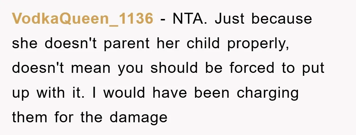 VodkaQueen_1136 − NTA. Just because she doesn't parent her child properly, doesn't mean you should be forced to put up with it. I would have been charging them for the...