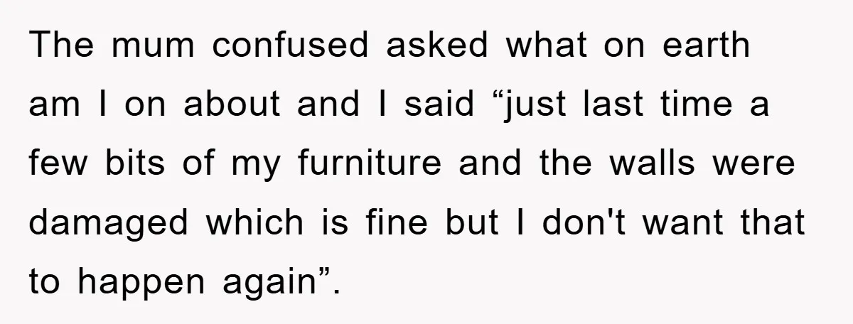 The mum confused asked what on earth am I on about and I said “just last time a few bits of my furniture and the walls were damaged which is...