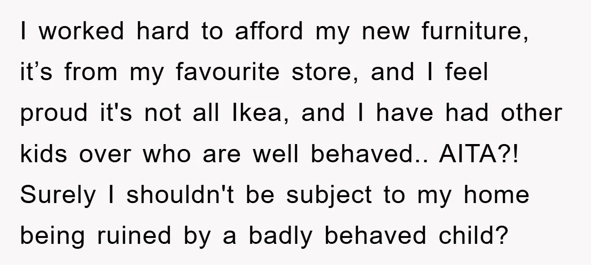 I worked hard to afford my new furniture, it’s from my favourite store, and I feel proud it's not all Ikea, and I have had other kids over who are...