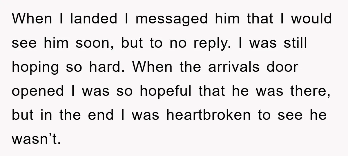 When I landed I messaged him that I would see him soon, but to no reply. I was still hoping so hard. When the arrivals door opened I was so...