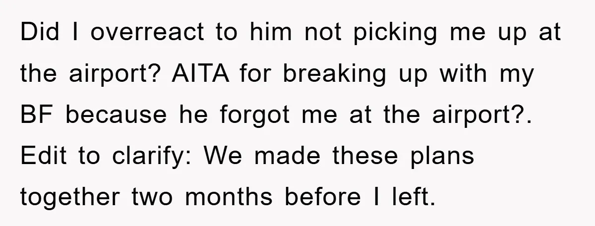 Did I overreact to him not picking me up at the airport? AITA for breaking up with my BF because he forgot me at the airport?. Edit to clarify: We...