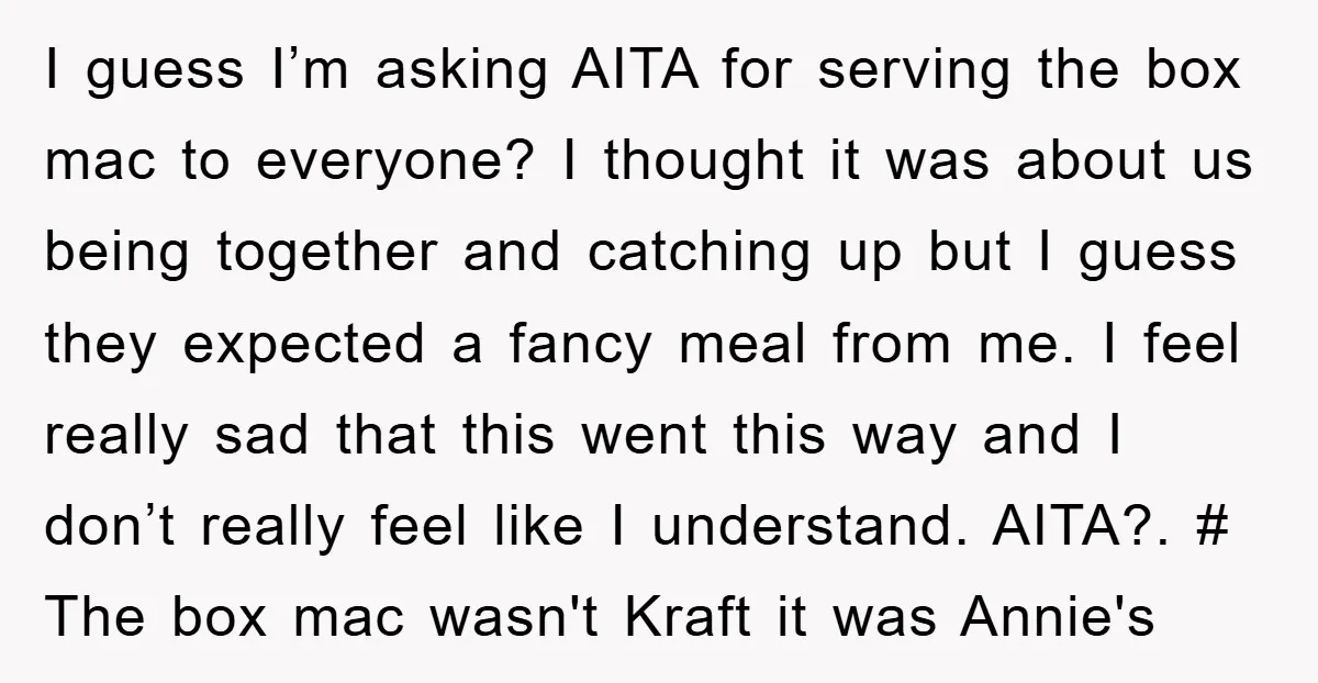 I guess I’m asking AITA for serving the box mac to everyone? I thought it was about us being together and catching up but I guess they expected a fancy...