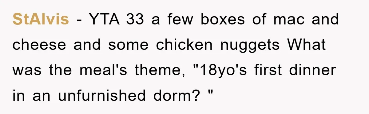 StAlvis − YTA 33 a few boxes of mac and cheese and some chicken nuggets What was the meal's theme, "18yo's first dinner in an unfurnished dorm? "