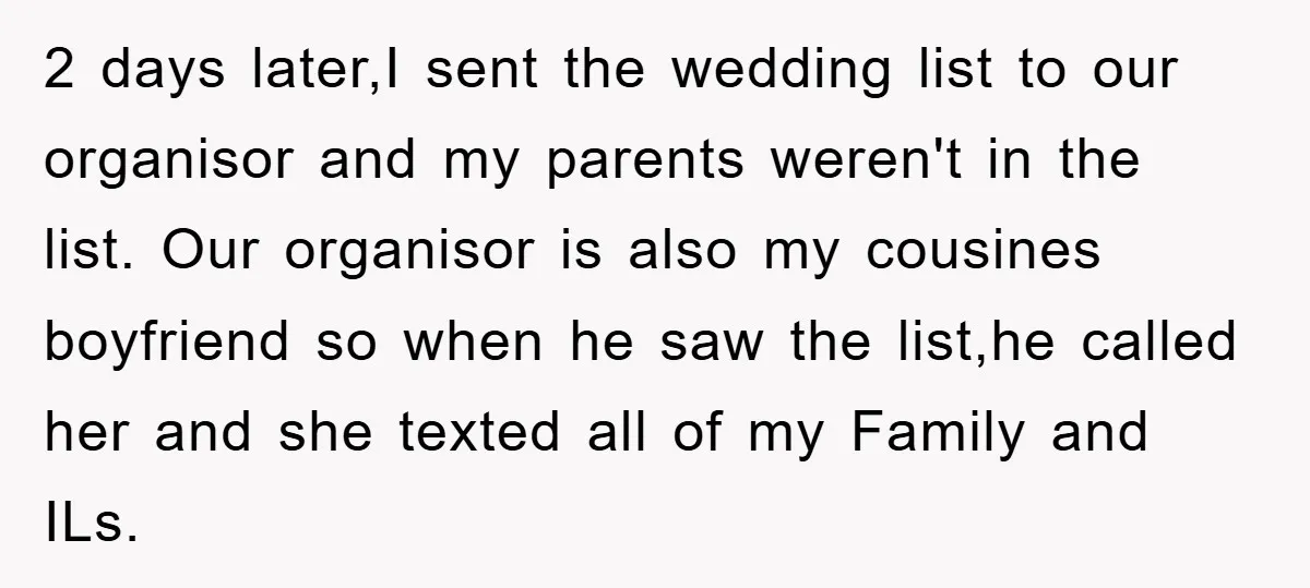 2 days later,I sent the wedding list to our organisor and my parents weren't in the list. Our organisor is also my cousines boyfriend so when he saw the list,he...