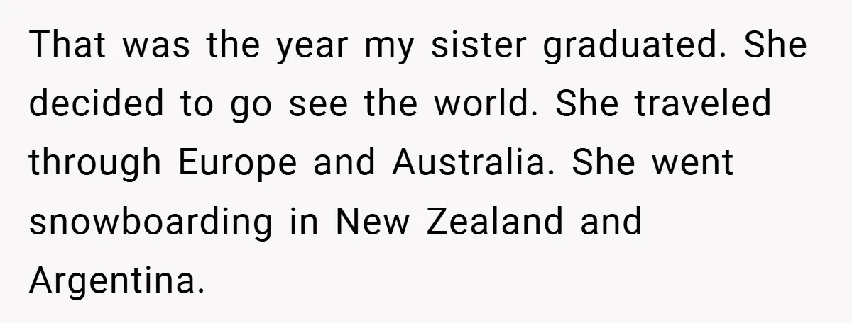 That was the year my sister graduated. She decided to go see the world. She traveled through Europe and Australia. She went snowboarding in New Zealand and Argentina.