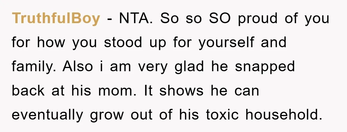 TruthfulBoy - NTA. So so SO proud of you for how you stood up for yourself and family. Also i am very glad he snapped back at his mom. It...