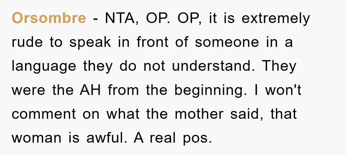 Orsombre - NTA, OP. OP, it is extremely rude to speak in front of someone in a language they do not understand. They were the AH from the beginning. I...