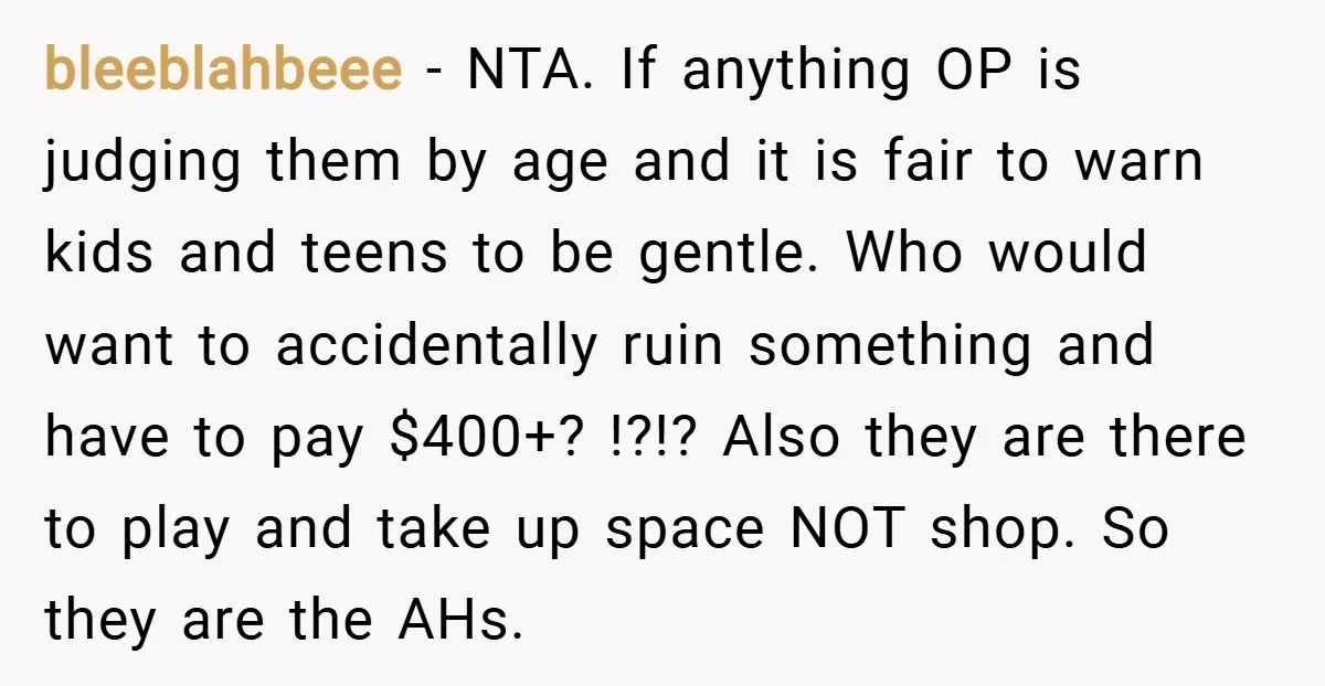 bleeblahbeee − NTA. If anything OP is judging them by age and it is fair to warn kids and teens to be gentle. Who would want to accidentally ruin something...