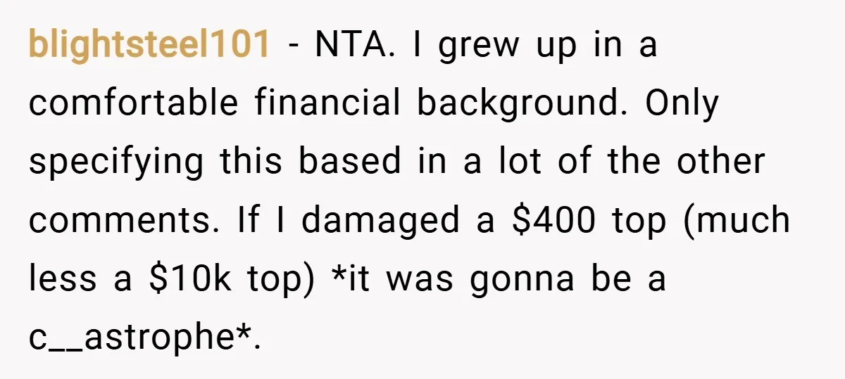 blightsteel101 − NTA. I grew up in a comfortable financial background. Only specifying this based in a lot of the other comments. If I damaged a $400 top (much less...