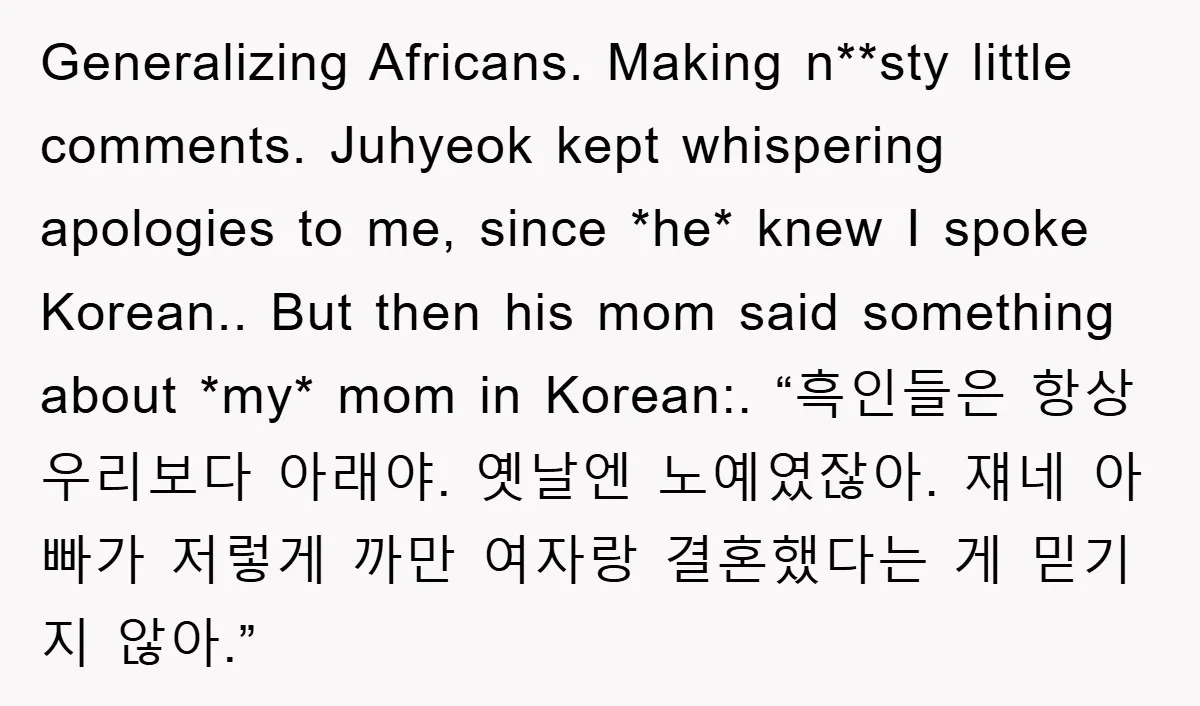 Generalizing Africans. Making n**sty little comments. Juhyeok kept whispering apologies to me, since *he* knew I spoke Korean.. But then his mom said something about *my* mom in Korean:. “흑인들은...