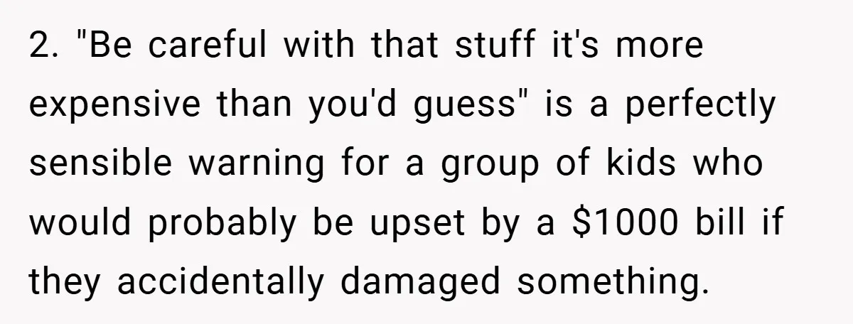 2. "Be careful with that stuff it's more expensive than you'd guess" is a perfectly sensible warning for a group of kids who would probably be upset by a $1000...