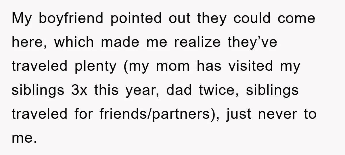 My boyfriend pointed out they could come here, which made me realize they’ve traveled plenty (my mom has visited my siblings 3x this year, dad twice, siblings traveled for friends/partners),...