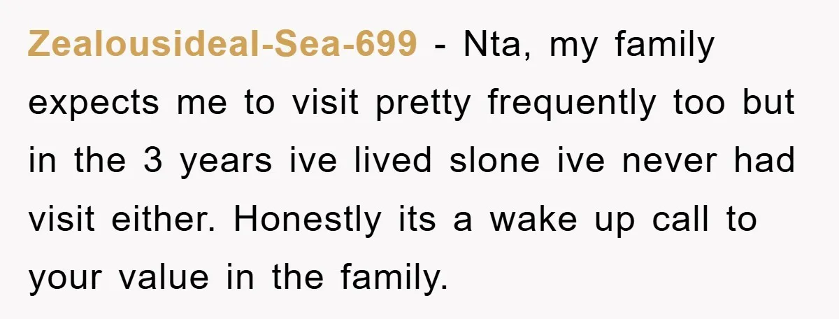 Zealousideal-Sea-699 − Nta, my family expects me to visit pretty frequently too but in the 3 years ive lived slone ive never had visit either. Honestly its a wake up...