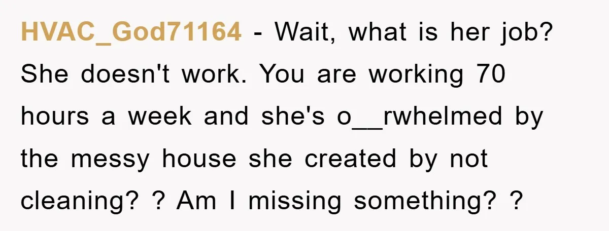 HVAC_God71164 - Wait, what is her job? She doesn't work. You are working 70 hours a week and she's o__rwhelmed by the messy house she created by not cleaning? ?...